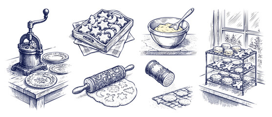 Obraz premium Vintage Christmas baking sketch set showing holiday cookie preparation steps with embossed rolling pin, dough, mixing bowl, shaker, cooling rack and plates. Cozy rustic hand drawn kitchen engraving ar