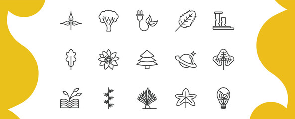 nature outline icon set. thin line pinnation, paper birch tree, plum leaf, led bulb and more icons. editable vector © Farahim