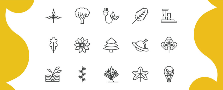 nature outline icon set. thin line pinnation, paper birch tree, plum leaf, led bulb and more icons. editable vector