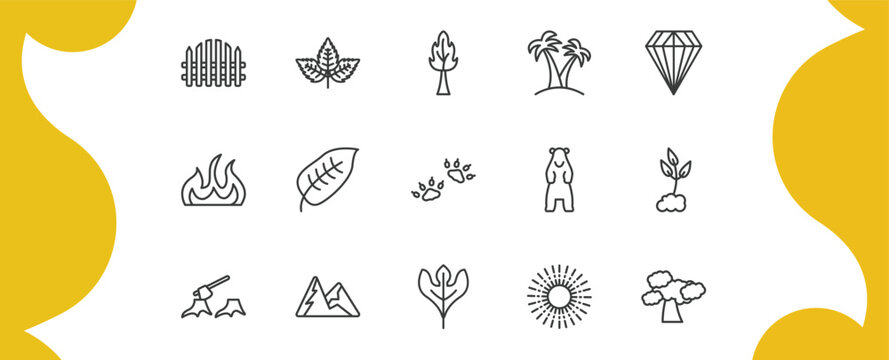 nature outline icon set. thin line picket fence, straberry leaf, palm islands, shadbush tree and more icons. editable vector