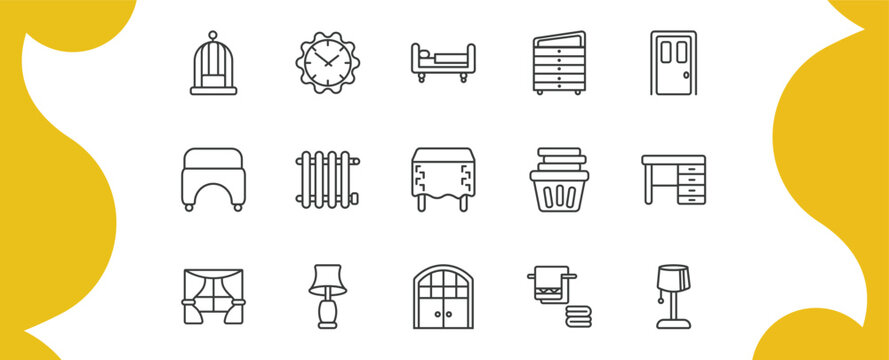 furniture & household outline icon set. thin line bird cage, wall clock, davenport, bedroom lamp and more icons. editable vector
