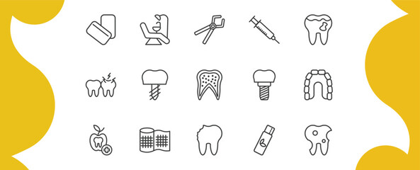dentist outline icon set. thin line mint gum, dentist chair, empty syringe, bicuspid and more icons. editable vector © Farahim