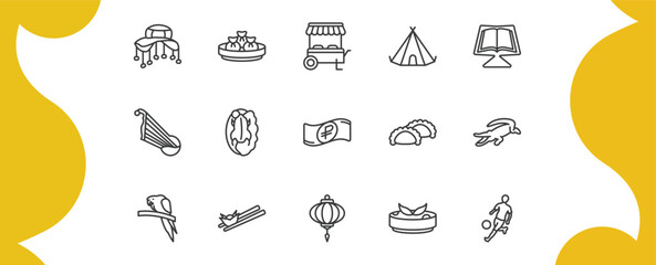 culture outline icon set. thin line cork hat, dumplings, native american wigwam, brazil soccer player and more icons. editable vector © Farahim