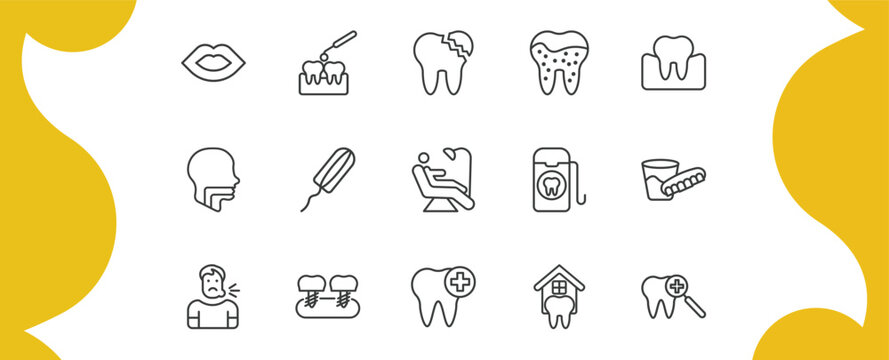 dentist outline icon set. thin line mouth, interproximal, plaque, dental checkup and more icons. editable vector