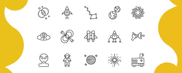 astronomy outline icon set. thin line nebula, rocket start, earth and moon, generator and more icons. editable vector © Farahim