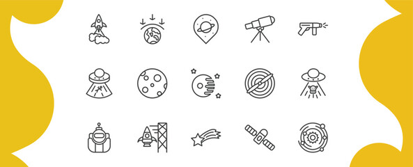 astronomy outline icon set. thin line liftoff, aerosphere, telescope pointing up, galaxy and more icons. editable vector © Farahim