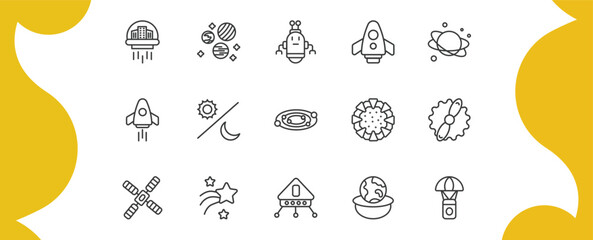 astronomy outline icon set. thin line space colony, planets, space shuttle, capsule parachute and more icons. editable vector © Farahim
