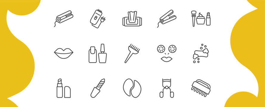 beauty outline icon set. thin line flat iron, electric shaver, hair straightener, nail brush and more icons. editable vector