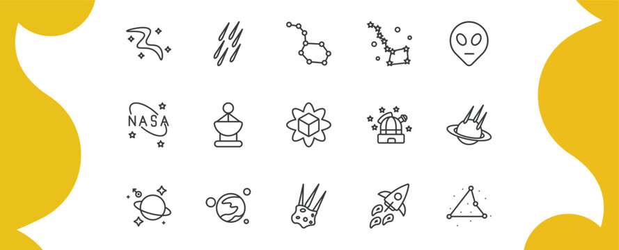 astronomy outline icon set. thin line milky way, meteor shower, ursa major, triangulam australe and more icons. editable vector