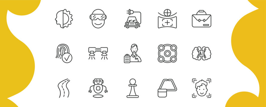 artificial intellegence outline icon set. thin line cyborg, oculus rift, field of view, face recognition and more icons. editable vector