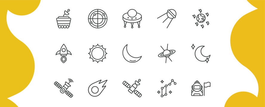 astronomy outline icon set. thin line moonwalker, radar system, sputnik, astronaut and flag and more icons. editable vector