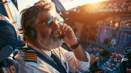 Obraz premium Airline Captain in Uniform Communicates on Headset in Cockpit During Flight Operations With Controls and Dashboard Displays