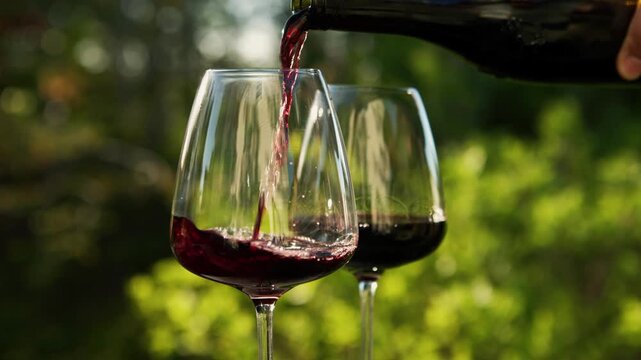Pouring rich red wine into crystal glasses at an enchanting winery during the golden hour. Experience the beauty and taste of luxury in every splash and swirl