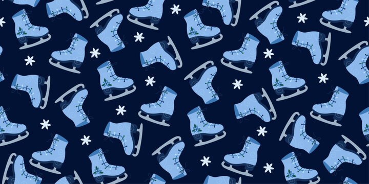 Winter seamless pattern with skates and snowflakes. Blue background for wrapping paper, wallpaper, greeting card. Figure skating accessories