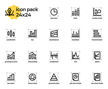 Set of minimalist outline vector icons on the theme of analytics and charts. 24x24, editable outlines.