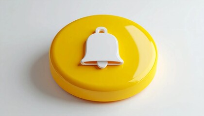 Fototapeta premium Glossy yellow circular button with white bell notification icon isolat