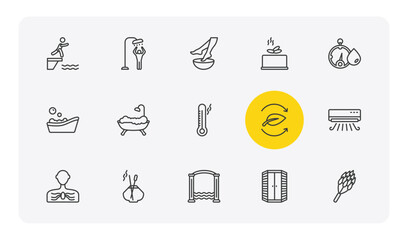 sauna outline icon set. thin line adrenalin rush, dousing shower, earth sauna, hemlock and more icons. editable vector © Farahim