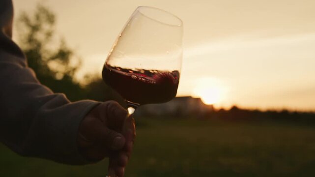 A person gracefully pours rich red wine into a glass, capturing the beauty of dusk at a charming winery, as the sun dips below the horizon