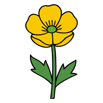 Yellow Primrose Wildflower Clipart: Single Botanical Line Art