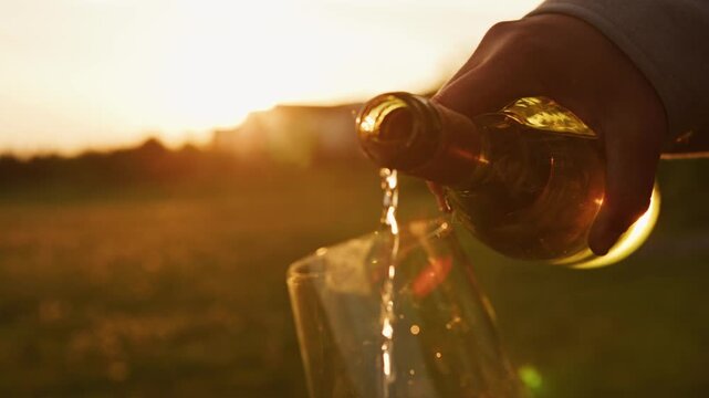 Experience the elegance of wine flowing gently into a glass as the sun sets over a picturesque vineyard, creating a serene atmosphere for indulgence