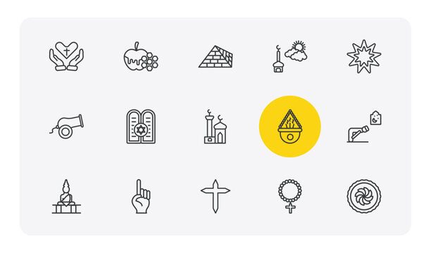 religion outline icon set. thin line faith, and honey, ramadan sunrise, cake and more icons. editable vector