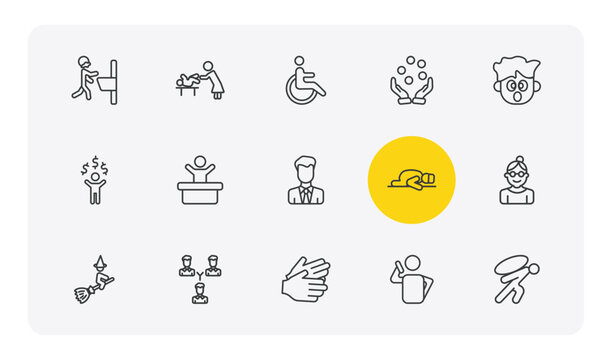 people outline icon set. thin line man shaving, babysitter and child, juggling ball, burden and more icons. editable vector