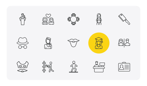 people outline icon set. thin line man giving a speech, lesbian couple, seductive, identification ard and more icons. editable vector