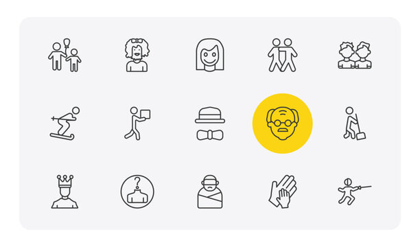 people outline icon set. thin line man child and balloons, bearded woman, hugging, fencing attack and more icons. editable vector