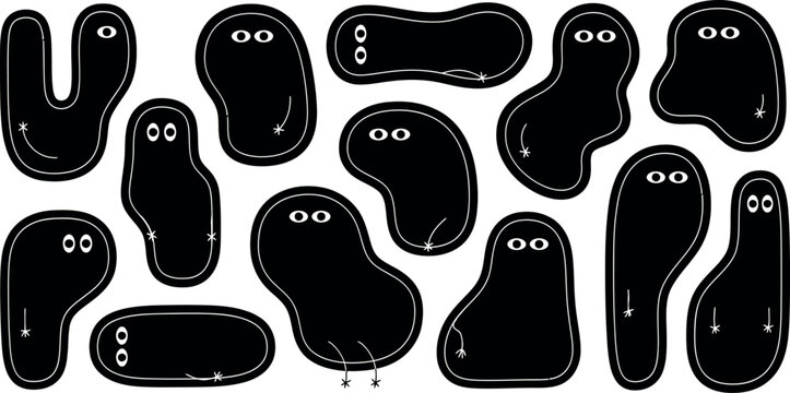 Cute Black Monster and Ghost Character Set Vector Illustration of Organic Amorphous Blob Shapes with Eyes for Fun Halloween Graphic Designs