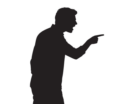 Angry man silhouette vector, aggressive male figure pointing finger, shouting person, expressive human emotion, conflict and communication concept graphic