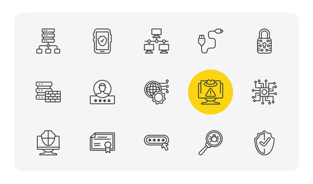 internet security outline icon set. thin line proxy server, mobile phone security, phone cable, protected and more icons. editable vector
