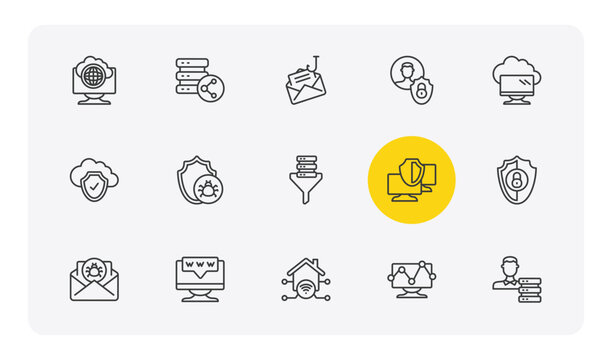 internet security outline icon set. thin line internet connection, data share, privacy, network adminstrator and more icons. editable vector