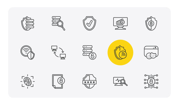 internet security outline icon set. thin line server security, data search, connection error, cyber security and more icons. editable vector