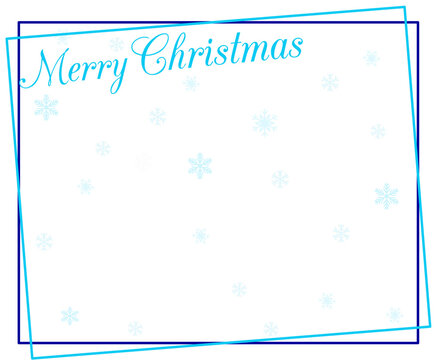 Winter Christmas card frame in soft blue tones with delicate snowflakes pattern. Minimal festive border template with elegant Merry Christmas calligraphy lettering.