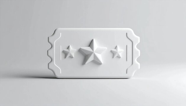 3D rounded rectangle ticket icon with notches and star isolated on whi