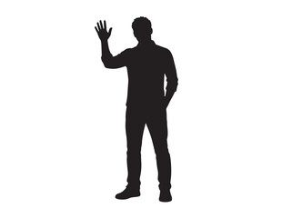 Male silhouette vector, full-body man waving hand, casual standing pose, black graphic element for design projects, isolated on white background © Prodeep