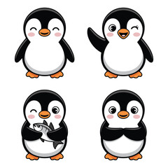Fototapeta premium Set of four cute cartoon penguins expressing different emotions and actions including holding a fish isolated on a clean white background for graphic design