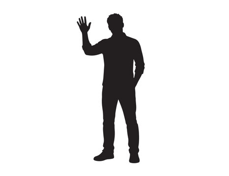 Male silhouette vector, full-body man waving hand, casual standing pose, black graphic element for design projects, isolated on white background