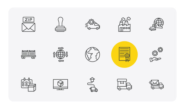 delivery and logistic outline icon set. thin line zip code, pisco sour, factory, express mail and more icons. editable vector