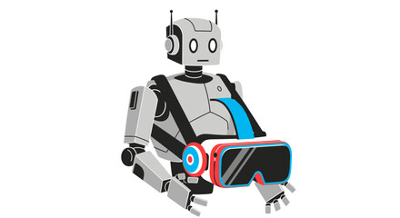 Fototapeta premium Robot holding virtual reality headset, futuristic technology concept