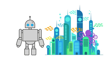 Robot standing next to futuristic city skyline with octopus © kulkas