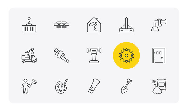 construction outline icon set. thin line derrick with load, brick, bump cutter, cement and more icons. editable vector