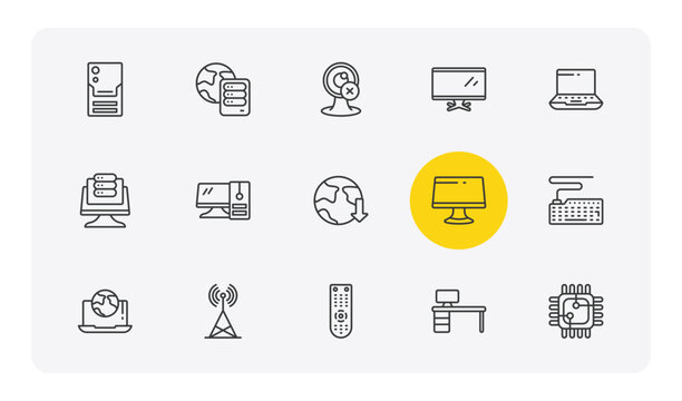 computer outline icon set. thin line pc tower, internet server, tv screen, square chip and more icons. editable vector