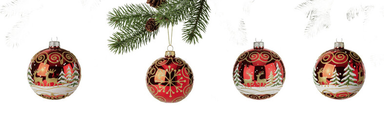 Isolated Christmas red glass baubles hanging from pine branch set, realistic transparent winter holiday ornaments with traditional gold filigree patterns, winter house scenes, and reindeer silhouettes © Jazzy E
