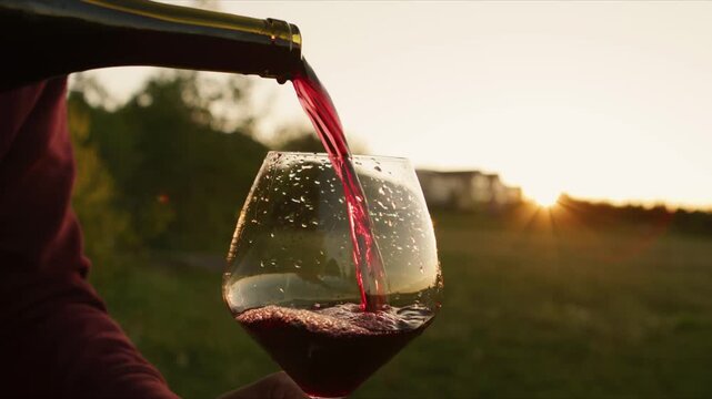Experience the beauty of wine being poured into a glass as the sun sets over a peaceful winery. Enjoy the rich colors and refreshing moments of this delightful beverage