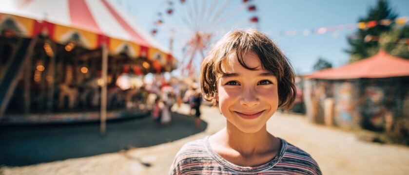  Portrait d'un enfant heureux souriant avec un chapiteau de cirque et un parc d'attractions en arri&egrave;re-plan
