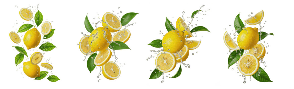 Isolated lemon fruit water splash set, fresh whole lemons and juicy slices with green leaves falling in clear liquid drops, realistic citrus elements for beverage and juice design, transparent backgro