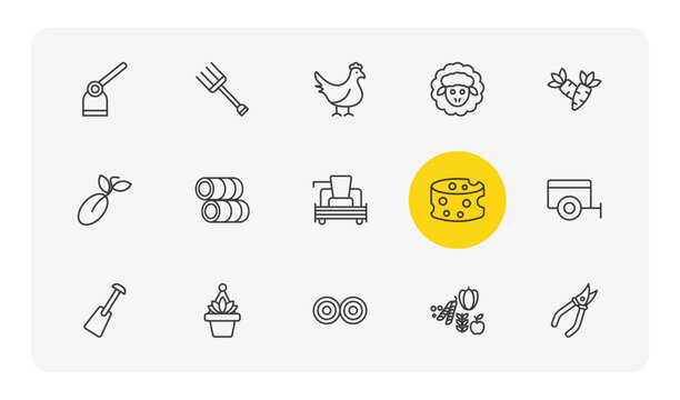agriculture farming outline icon set. thin line hoe, roak, sheep, shears and more icons. editable vector