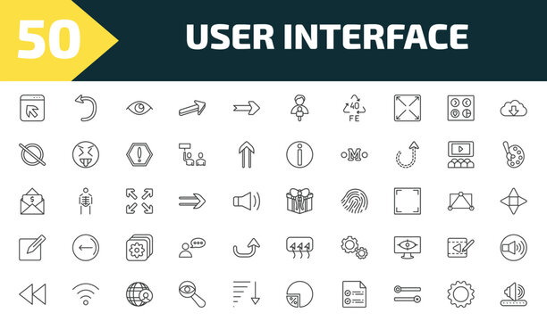 user interface outline icon set. thin line direct selection, spinning left arrow, visible, amplified speaker and more icons. editable vector