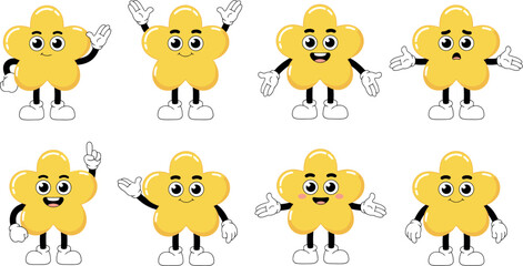 Fototapeta premium Cute Yellow Flower Character Set Vector Illustration of Cartoon Blossom Mascot with Different Expressions and Gestures for Kids Sticker Designs